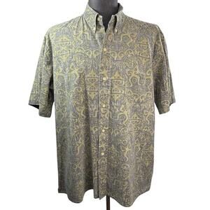 Reyn Spooner VTG 90s Y2k Hawaiian Shirt Reverse Green Tiki Print Print‎ Size XXL